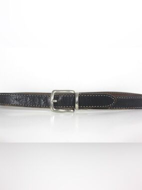 Reversible Black/Brown Leather Belt with Contrast Stitching and Silver Buckle